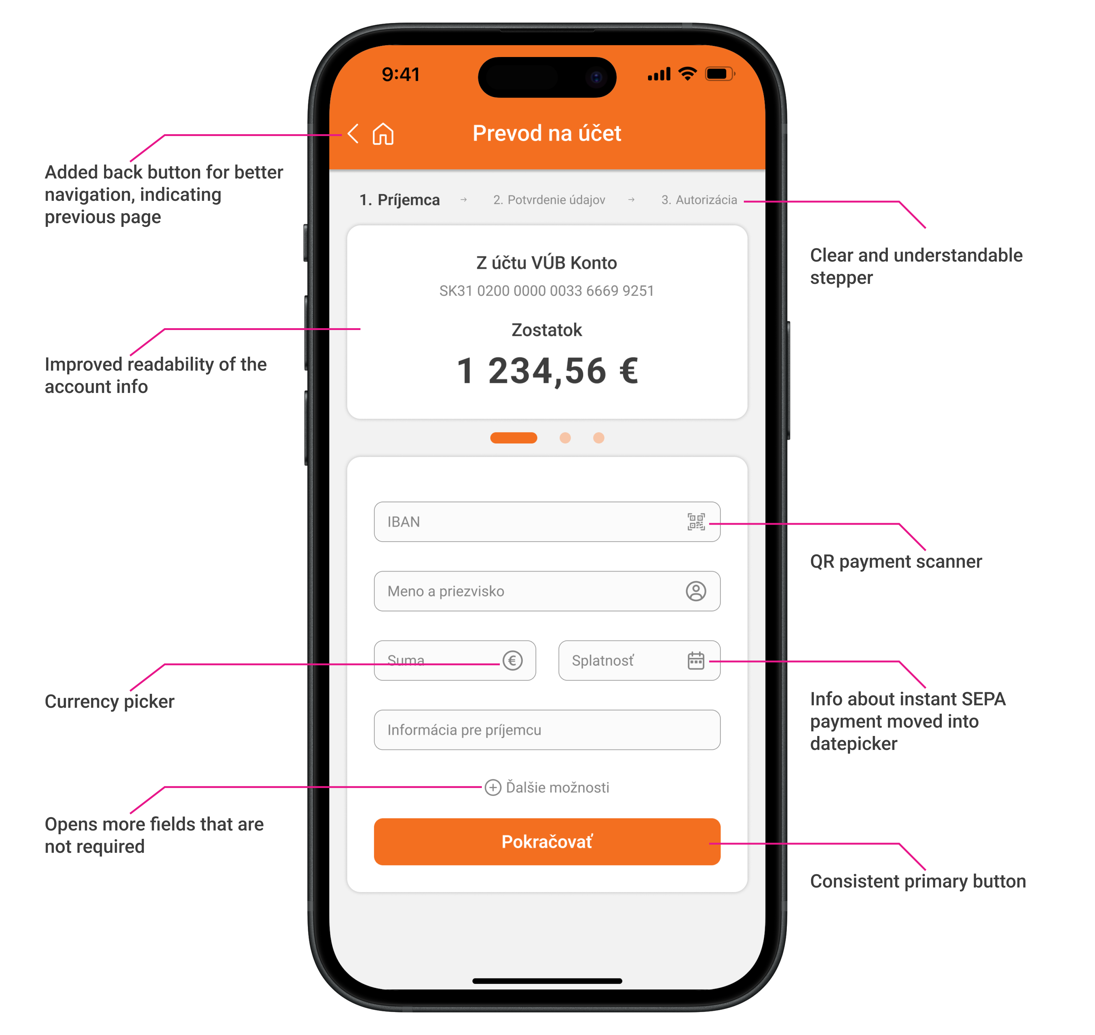 After: VÚB Banking App transfer flow redesign